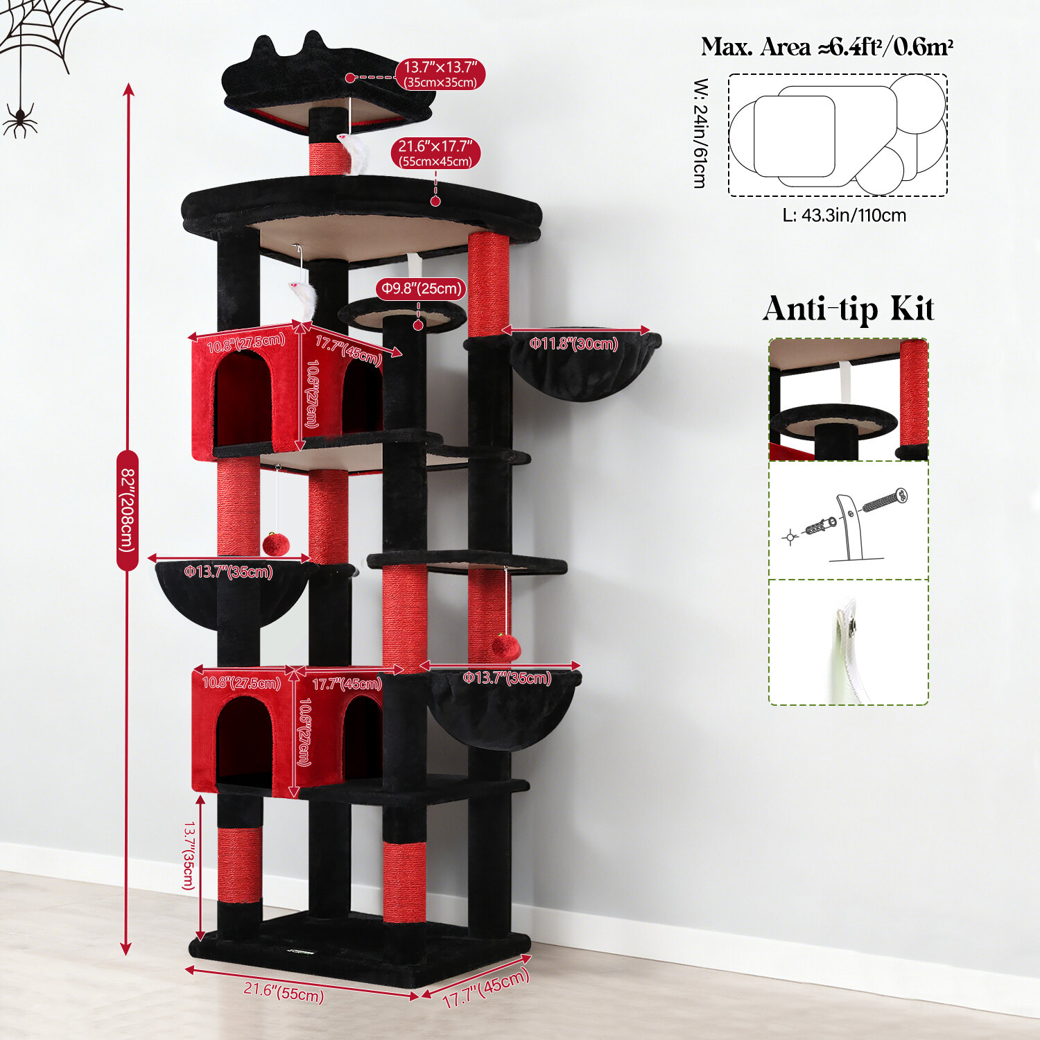 globlazer-s82-arbre-chat-rouge-noir-gothique-82-pouces-xxl image 7