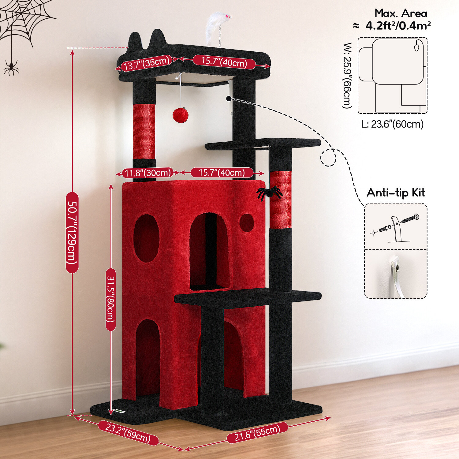 globlazer-fc50-arbre-chat-rouge-noir-50-pouces-grands-chats image 7
