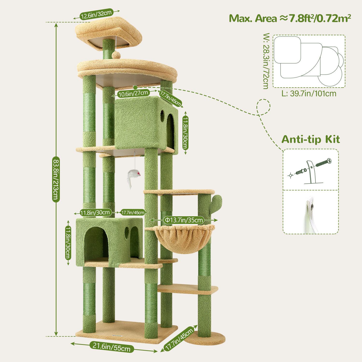 globlazer-f-series-f83-arbre-chat-vert-cactus-83-pouces image 7