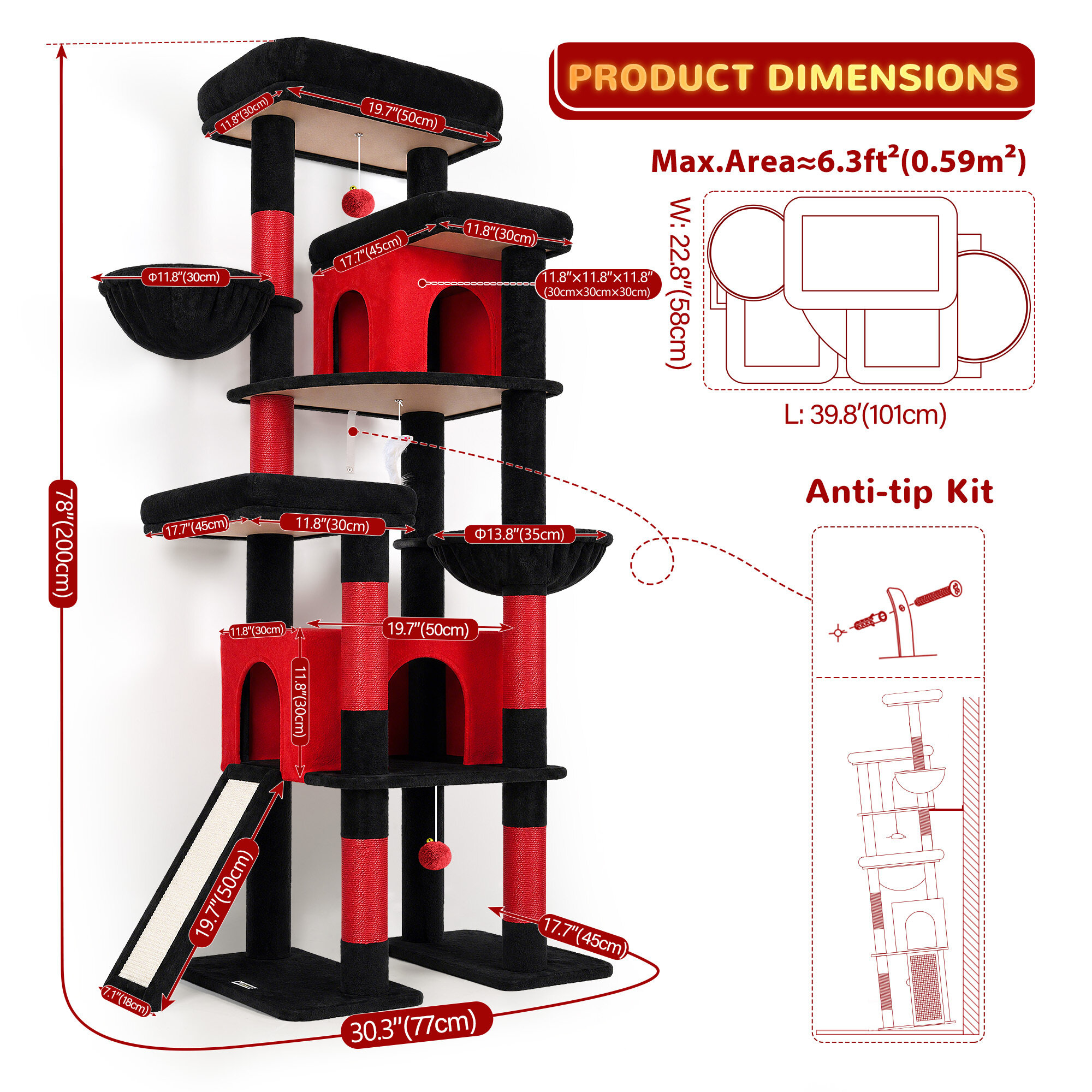 globlazer-s78-s-series-arbre-chat-rouge-noir-78-pouces image 3