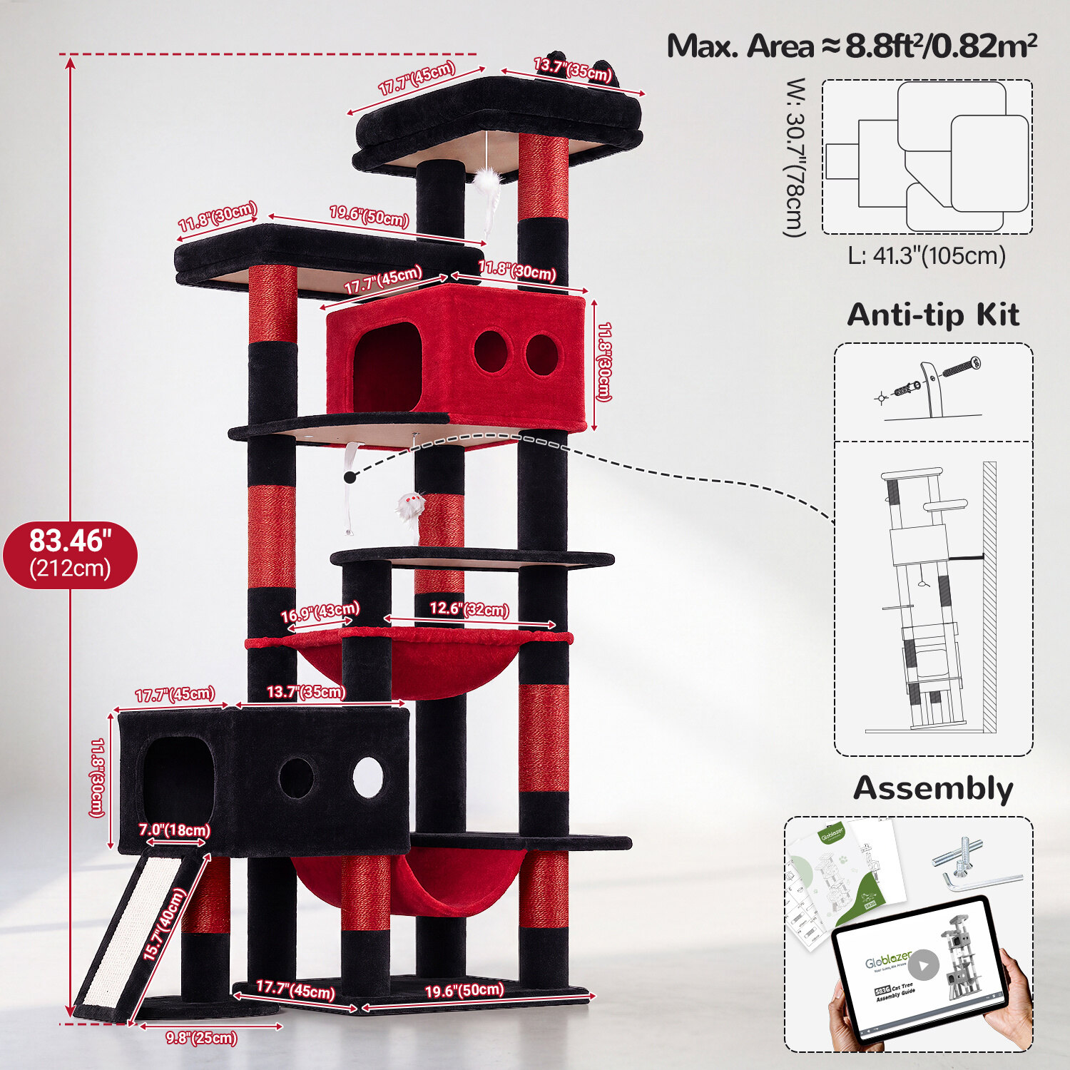 globlazer-s83g-arbre-chat-211-cm-rouge-noir-robuste image 7