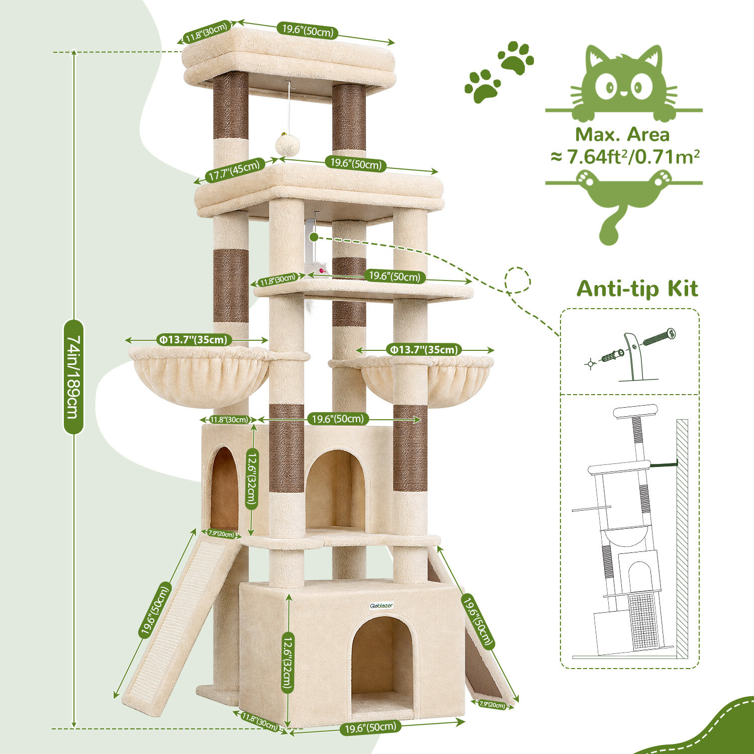 globlazer-f-series-f74g-arbre-chat-beige-74-pouces-familial image 8