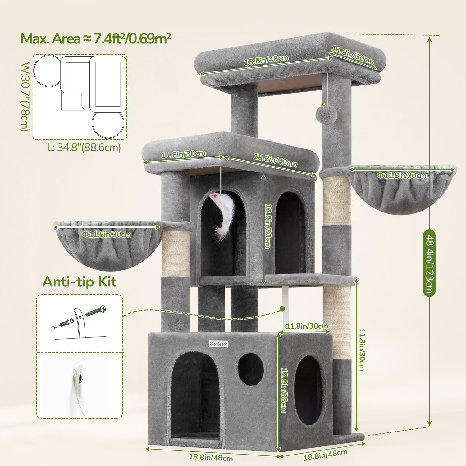 globlazer-s-series-s48-arbre-chat-gris-clair-122-cm-compact image 7