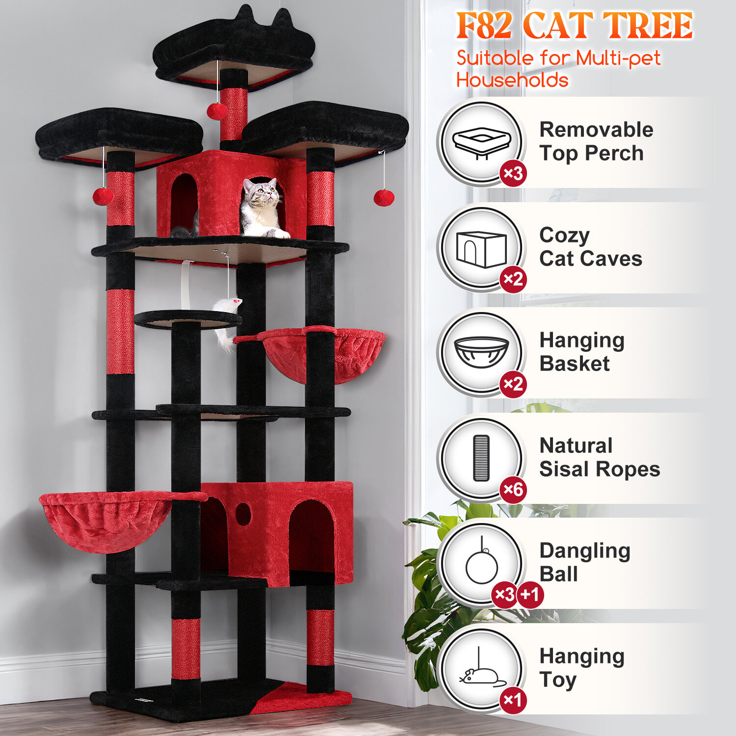 globlazer-f82-arbre-chat-208-cm-rouge-noir-avec-hamac image 7
