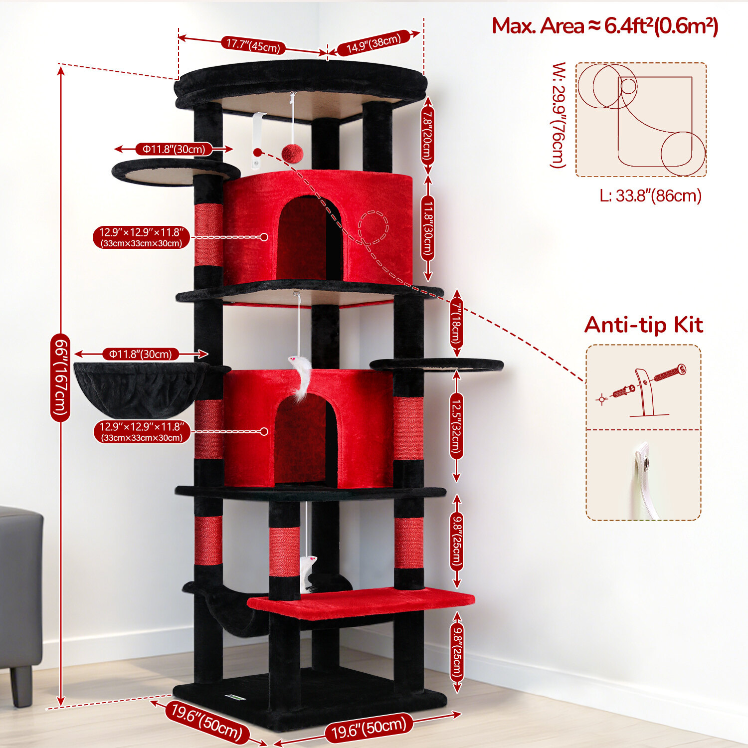 globlazer-c66-arbre-chat-d-angle-168-cm-rouge-noir image 8