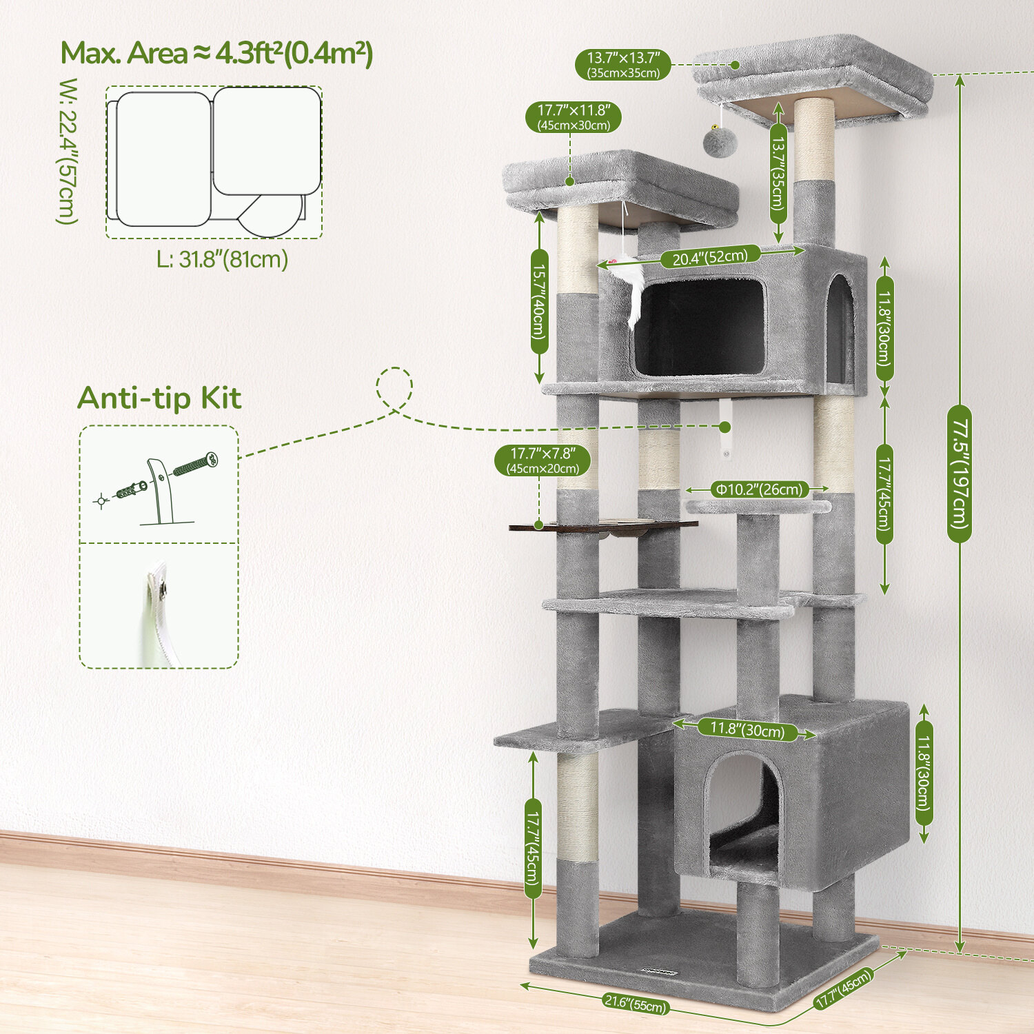 globlazer-f-series-f77b-arbre-chat-77-pouces-gris-clair-grand image 7