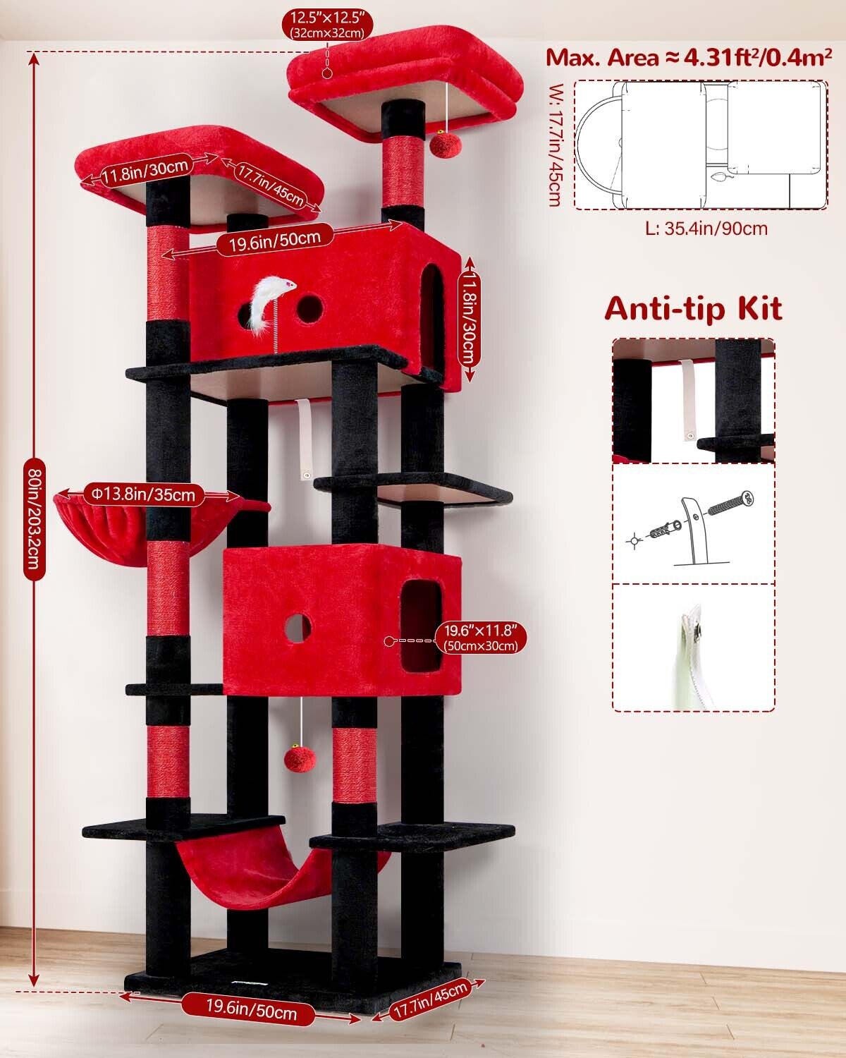 globlazer-s-series-s80b-arbre-chat-rouge-noir-80-pouces-grand image 7