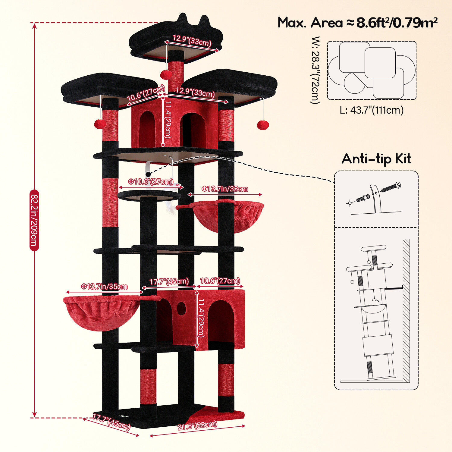 globlazer-f82-arbre-chat-208-cm-rouge-noir-avec-hamac image 8